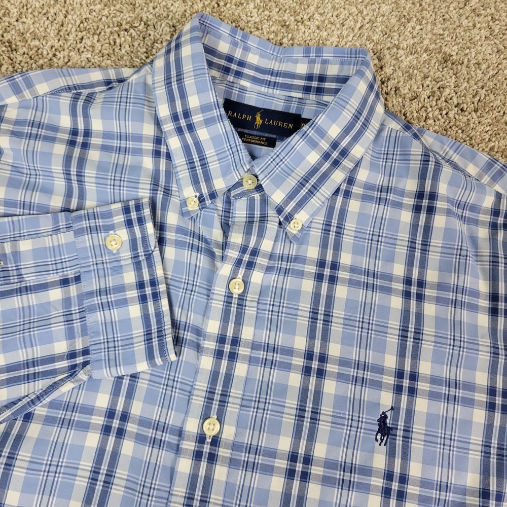 Ralph Lauren Classic Fit Performance Mens XL Blue Plaid Pony Stretch Button Down